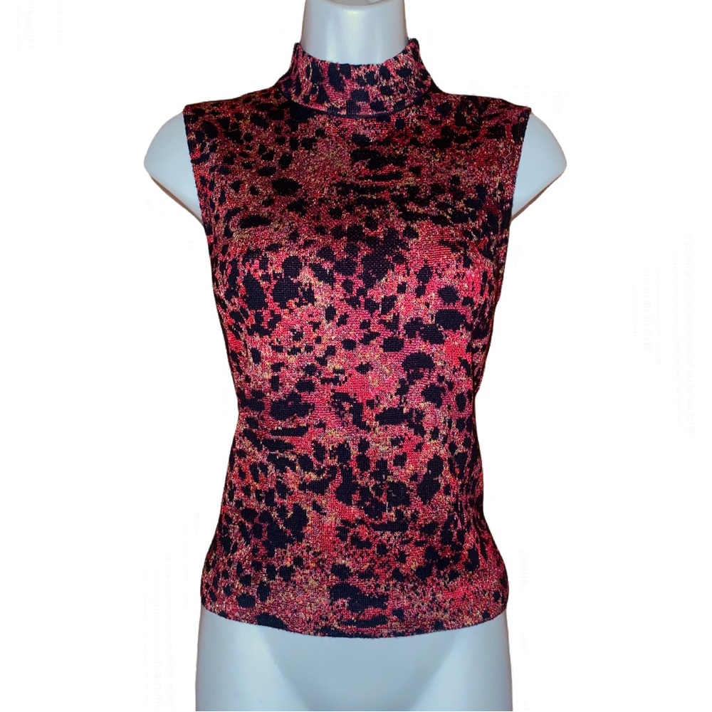 VINTAGE ST. JOHN WOOL BLEND MOCK NECK TANK TOP SLEEVELESS BLOUSE CHEETAH PRINT
